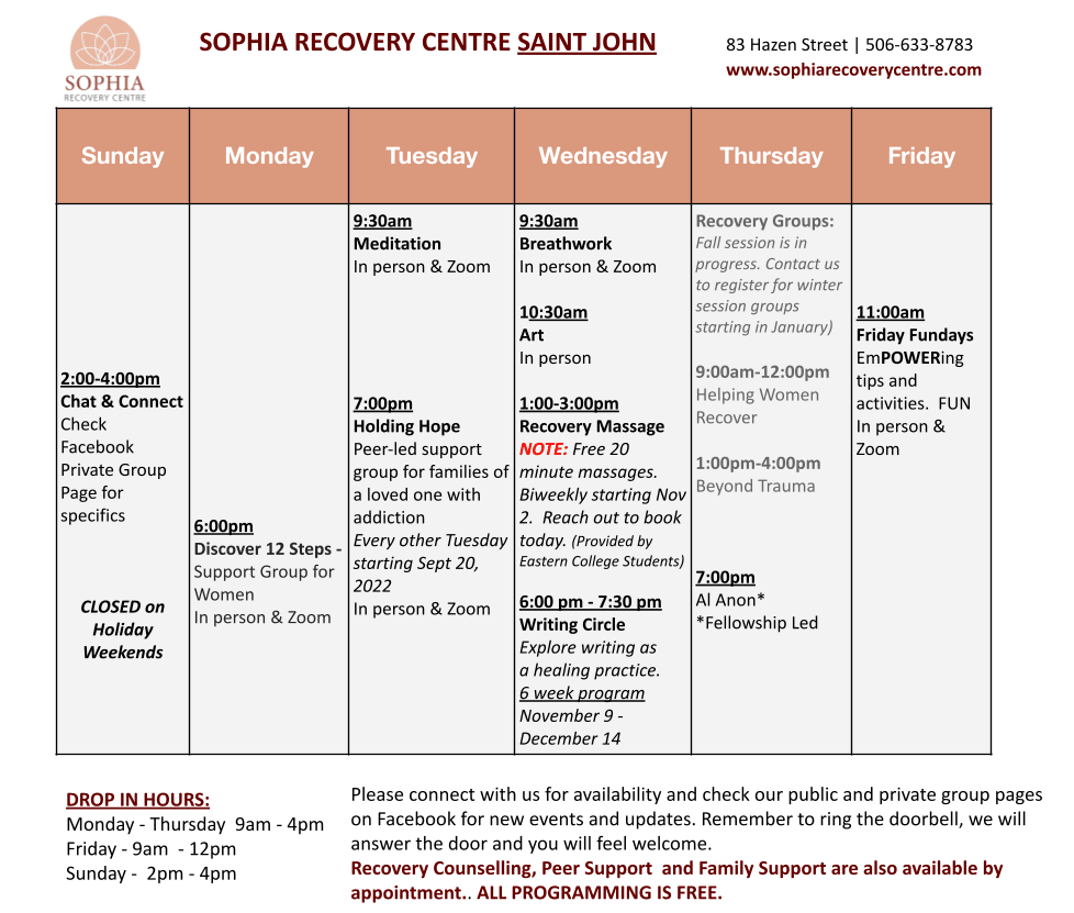 Sophia Recovery Centre - Saint John Event Calendar